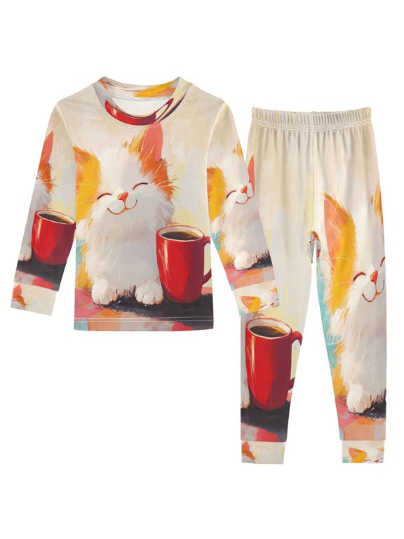 Unisex Pajama Set Snug-Fit Cotton Sleepwear Joyful Kitty with A Mug Printed