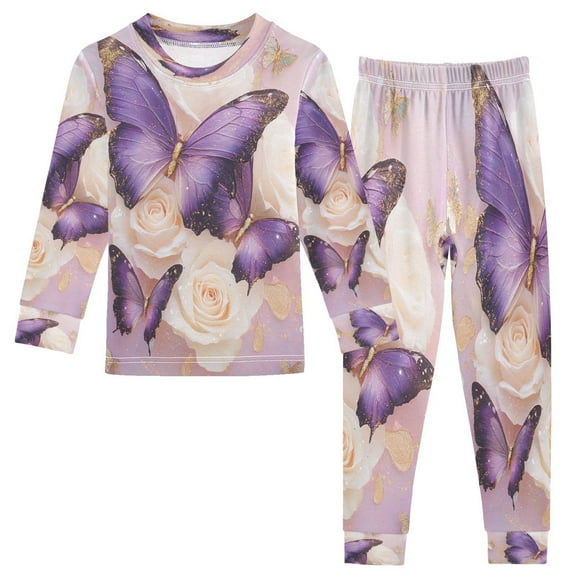 BZSMCE Unisex Pajama Set Snug-Fit Cotton Sleepwear Purple Butterflies Printed