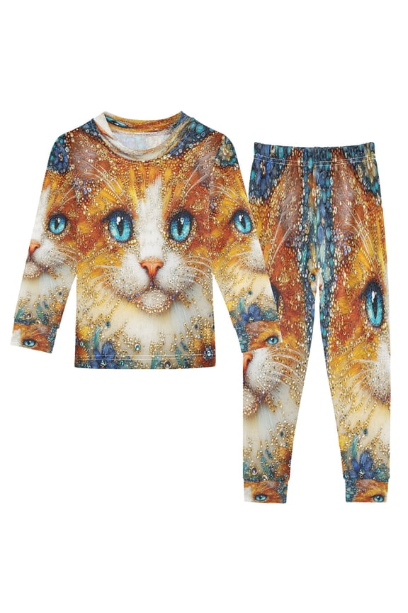Unisex Pajama Set Snug-Fit Cotton Sleepwear Radiant Cat Surrounded by Flowers Printed