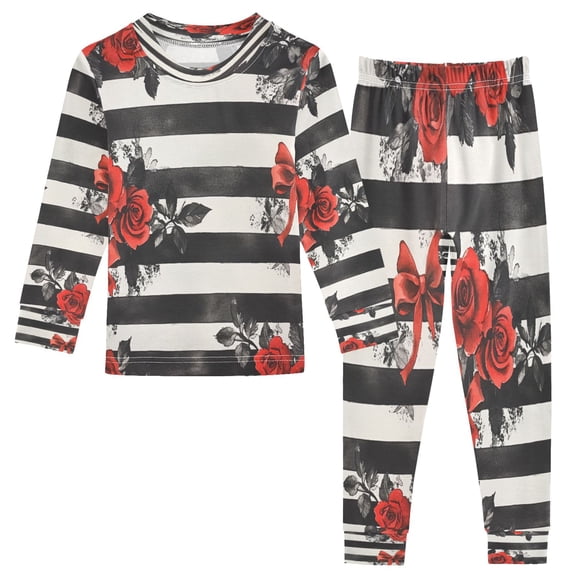 BZSMCE Unisex Pajama Set Snug-Fit Cotton Sleepwear Roses on Stripes Printed