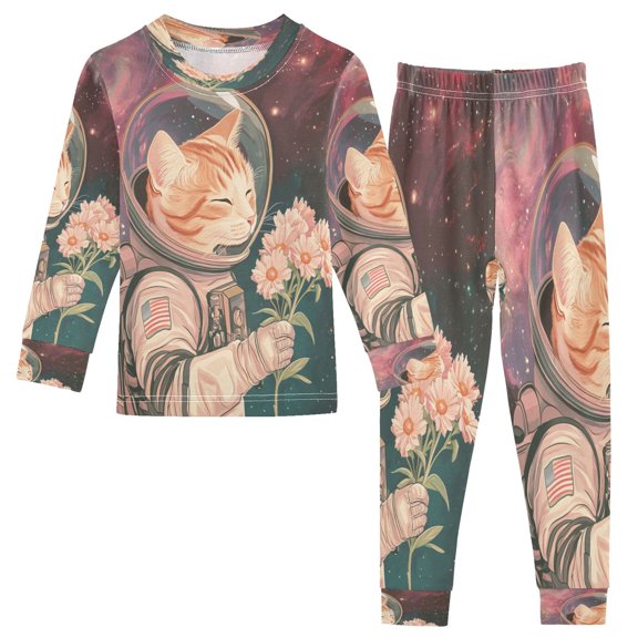 BZSMCE Unisex Pajama Set Snug-Fit Cotton Sleepwear Space Explorer Kitten Printed