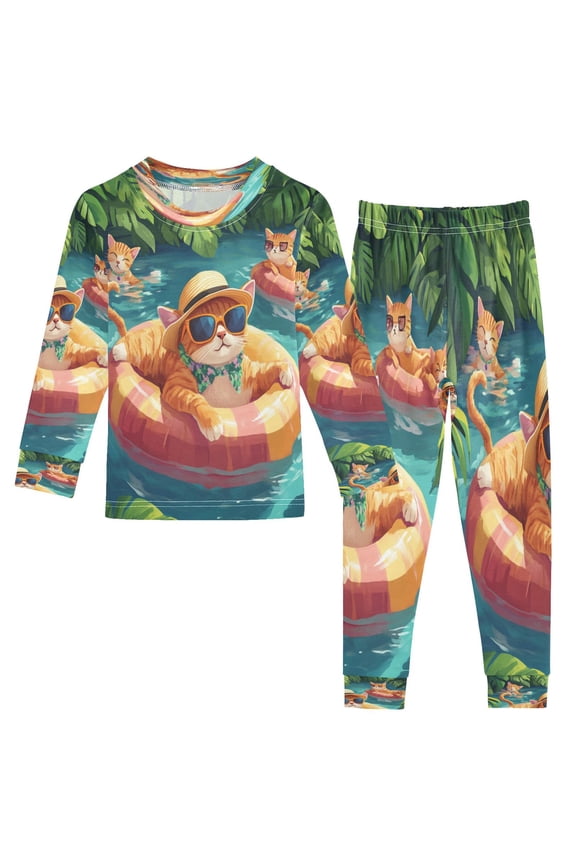 Unisex Pajama Set Snug-Fit Cotton Sleepwear Tropical Cat Paradise Printed