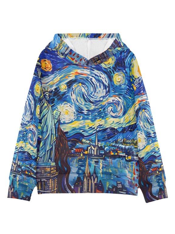BZSMCE Van Gogh Starry Night Statue Of Liberty Print Hoodie Casual Pullover Sweatshirt With Kangaroo Pocket
