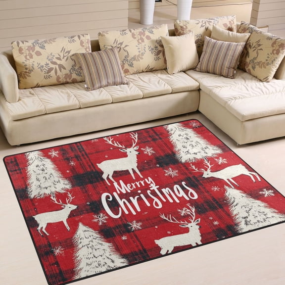 BZSMCE Vintage Area Rugs Black Red Plaid Pattern with Reindeer Creative Area For Home