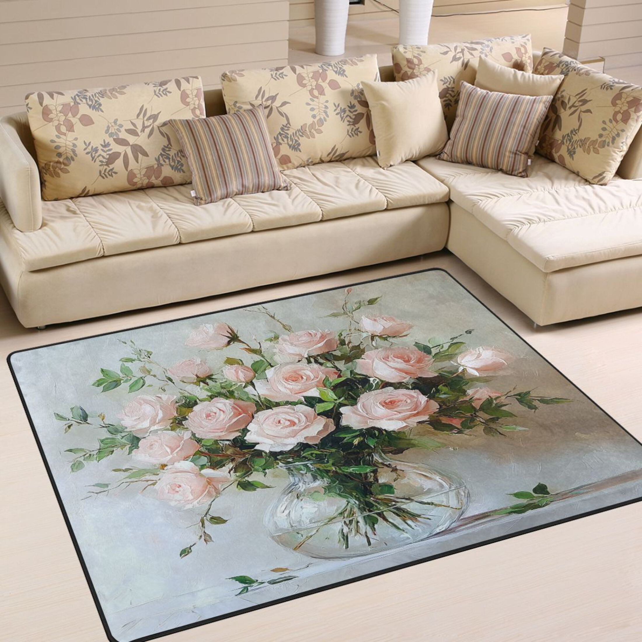 BZSMCE Vintage Area Rugs Blush Roses Painting Creative Area For Home ...