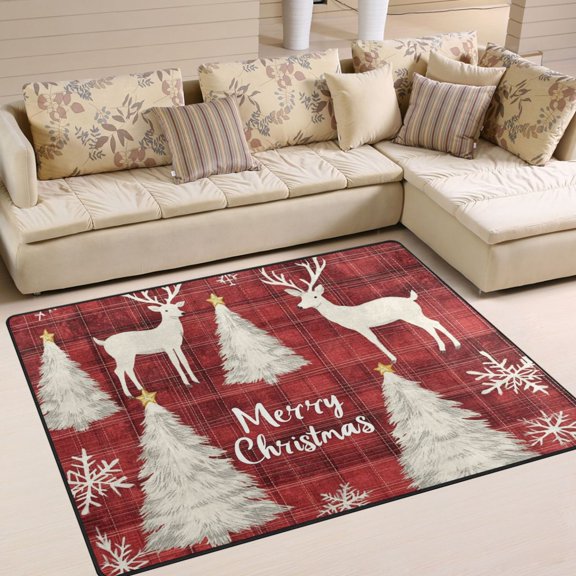 BZSMCE Vintage Area Rugs Christmas Red Plaid Pattern with Reindeer Creative Area For Home