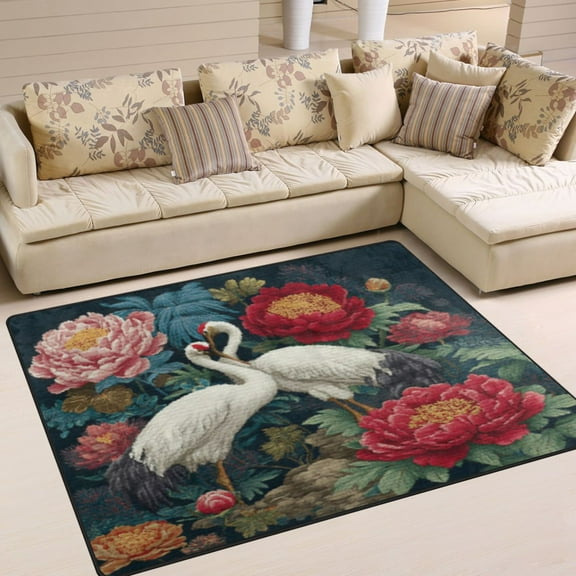 BZSMCE Vintage Area Rugs Crane Duet in A Peony Paradise Creative Area For Home