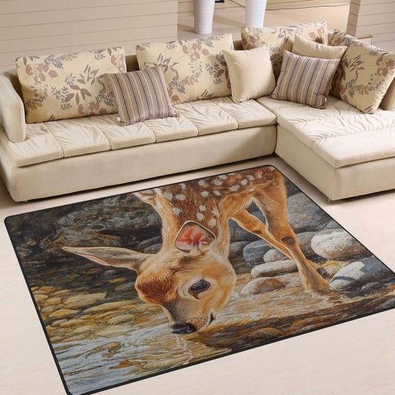 BZSMCE Vintage Area Rugs Deer Drinking Water Painting Creative Area For Home