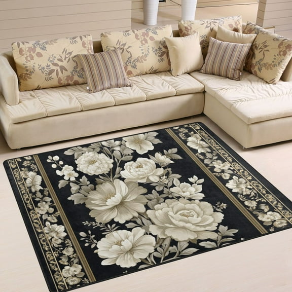 BZSMCE Vintage Area Rugs Design White and Black Flower Pattern Creative Area For Home