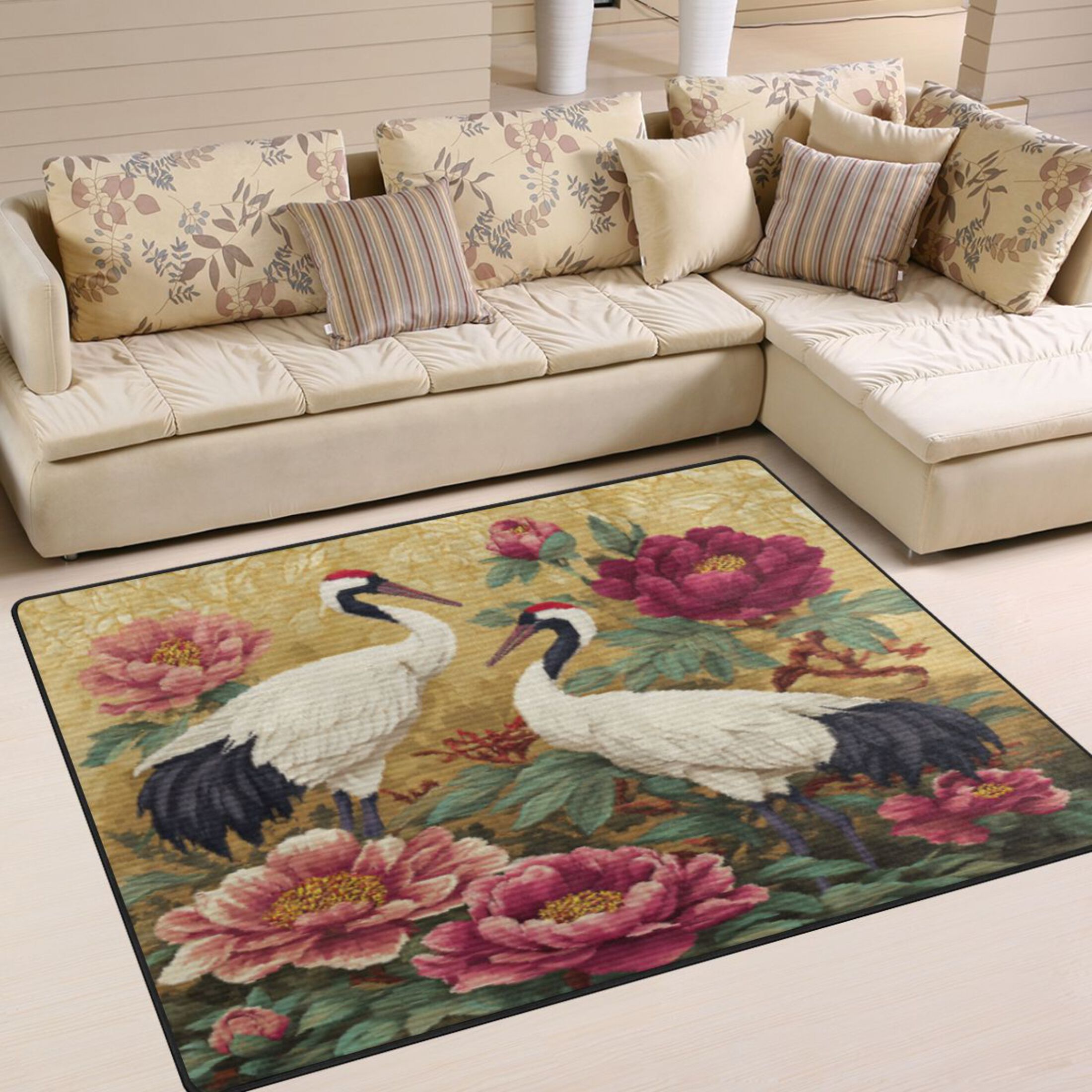 BZSMCE Vintage Area Rugs Elegant Cranes Amid Peony Splendor Creative Area For Home
