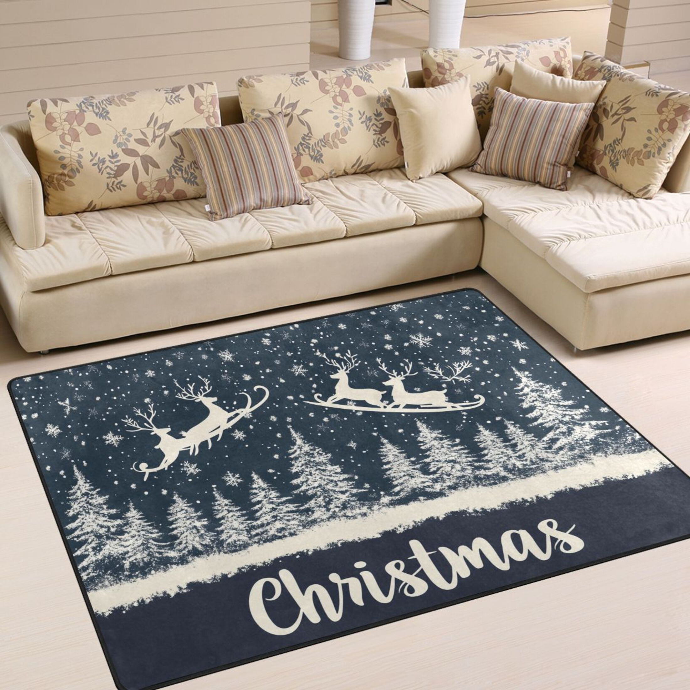 BZSMCE Vintage Area Rugs Four Reindeer Soaring on The Blue Sky Creative