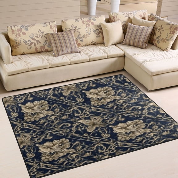 BZSMCE Vintage Area Rugs Navy Gold Damask Creative Area For Home
