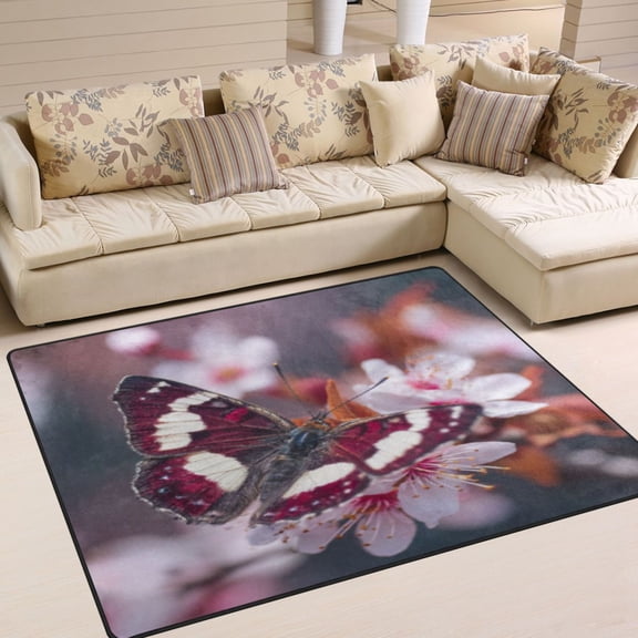 BZSMCE Vintage Area Rugs Purple-white Butterfly on Blossoms Creative Area For Home