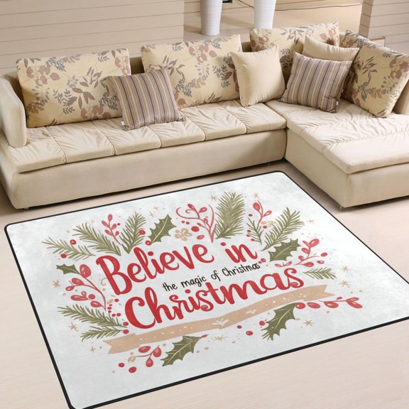 BZSMCE Vintage Area Rugs Red Merry Christmas with Leaf and Berry Creative Area For Home