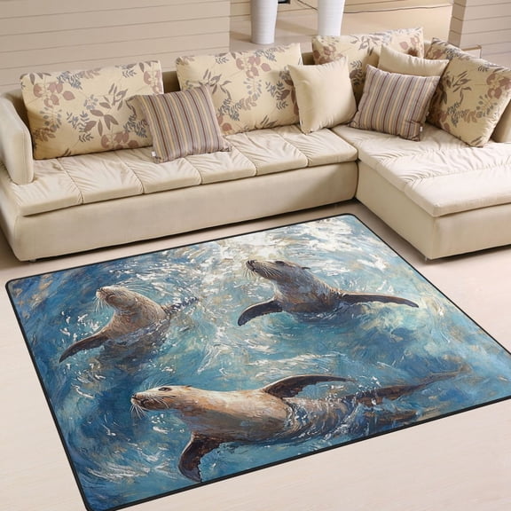 BZSMCE Vintage Area Rugs Sea-lion Play on The Ocean Painting Creative Area For Home