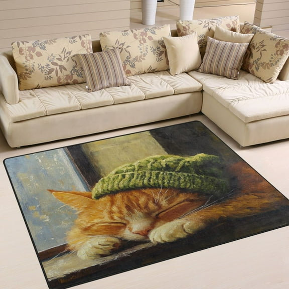 BZSMCE Vintage Area Rugs Sleepping Green Caps Cat Creative Area For Home