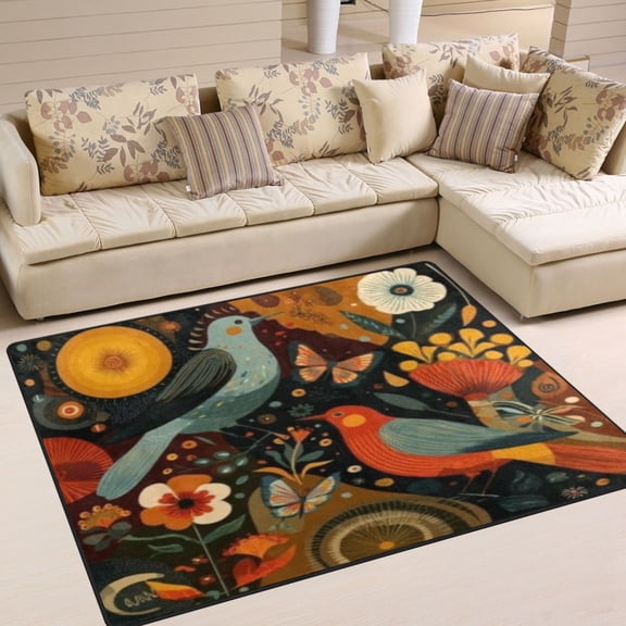 BZSMCE Vintage Area Rugs Vibrant Bird & Floral Mosaic Creative Area For Home