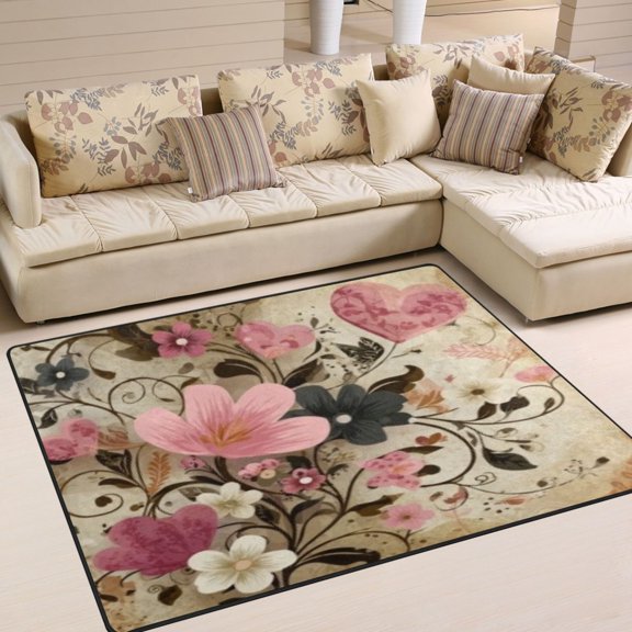 BZSMCE Vintage Area Rugs Vintage Floral Heart Whimsy Creative Area For Home