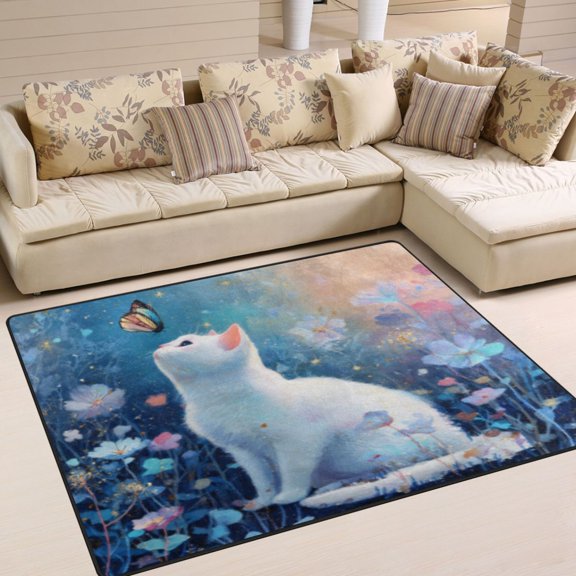 BZSMCE Vintage Area Rugs Whimsy Cat & Butterfly Creative Area For Home