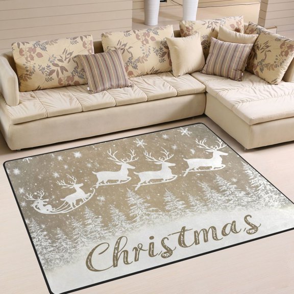 BZSMCE Vintage Area Rugs White Snowflakes Reindeer Print Creative Area For Home