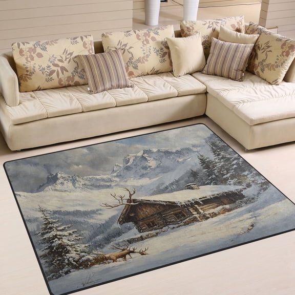 BZSMCE Vintage Area Rugs Wooden Cabin Covered in Snow Creative Area For Home