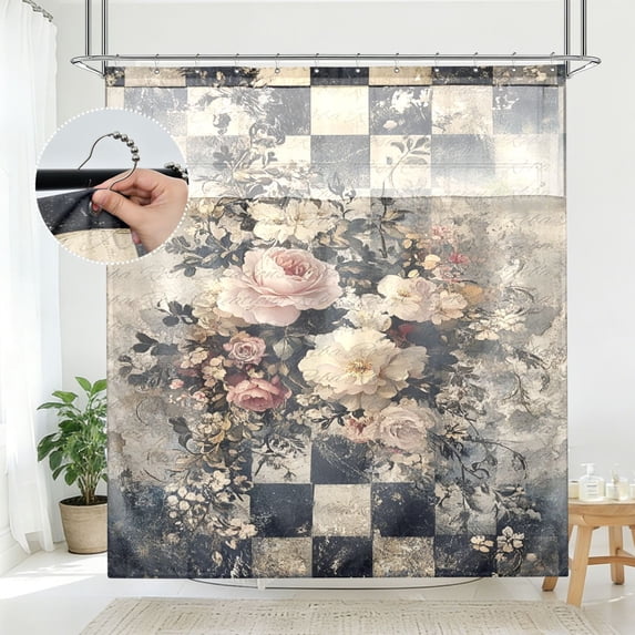 BZSMCE Vintage Checkerboard Roses Pattern Bathroom Shower Curtain Set ...