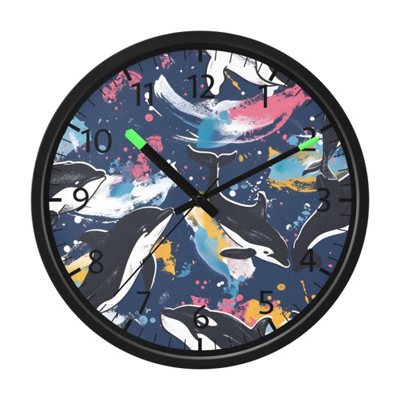 BZSMCE Voice Activated LED Night 12in Clock 12in Clock with Black Dolphin Watercolor Pattern Pattern