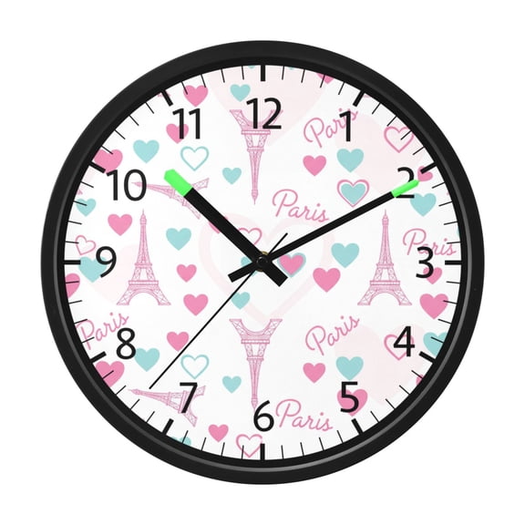 BZSMCE Voice Activated LED Night 12in Clock 12in Clock with Eiffel Tower Paris Love Pink Pattern