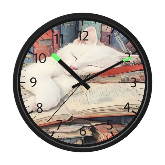 BZSMCE Voice Activated LED Night 12in Clock 12in Clock with Library Napping Kitten Pattern