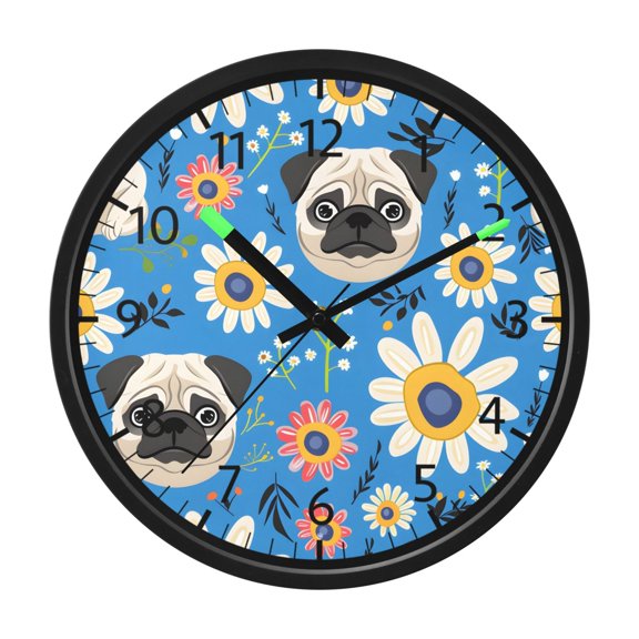BZSMCE Voice Activated LED Night 12in Clock 12in Clock with Pug Flowers Pattern Pattern