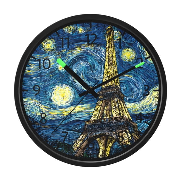 BZSMCE Voice Activated LED Night 12in Clock 12in Clock with Van Gogh Eiffel Tower Pattern