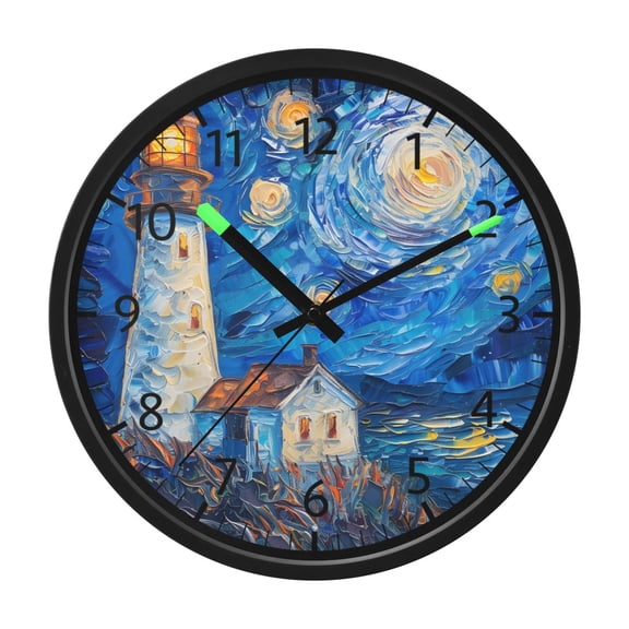 BZSMCE Voice Activated LED Night 12in Clock 12in Clock with Van Gogh Starry Night Lighthouse Pattern