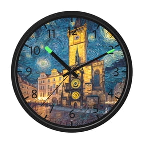 BZSMCE Voice Activated LED Night 12in Clock 12in Clock with Van Gogh Themed Prague Astronomical Clock Pattern
