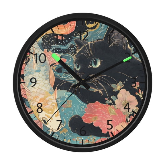BZSMCE Voice Activated LED Night 12in Clock with Cat and Koi Encounter Pattern