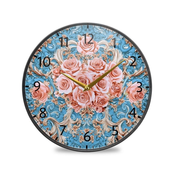 BZSMCE Wall Clock Acrylic Size：9.5*9.5in/11.9*11.9in Blush Roses on Aqua Design Pattern Clock