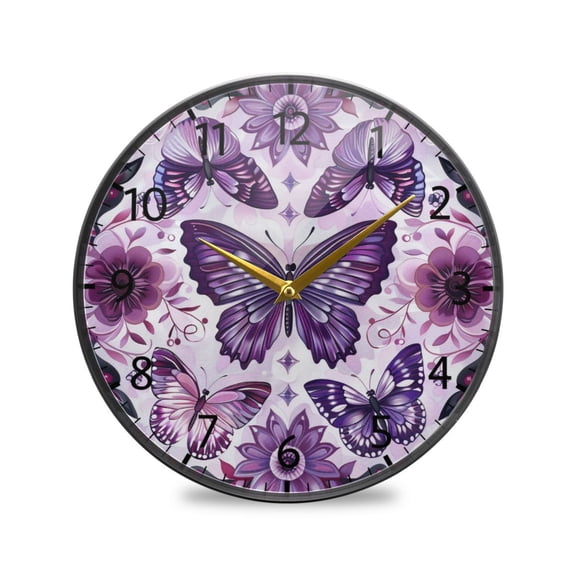 BZSMCE Wall Clock Acrylic Size：9.5*9.5in/11.9*11.9in Purple Blossoms and Butterflies Design Pattern Clock