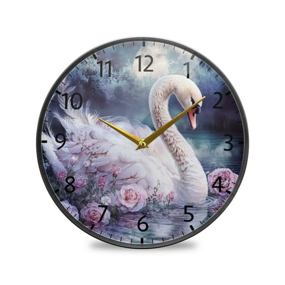 BZSMCE Wall Clock Acrylic Size：9.5*9.5in/11.9*11.9in Swan by Moonlight with Roses Design Pattern Clock