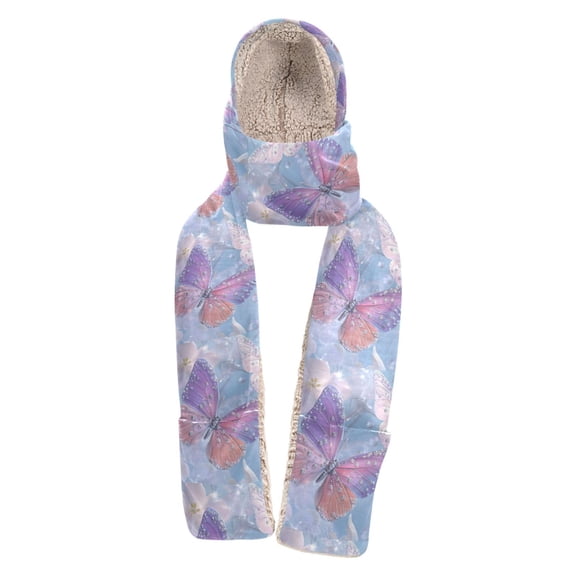 BZSMCE Warm Fleece Hood Scarf Wrap Aqua Sparkle Butterfly Pattern
