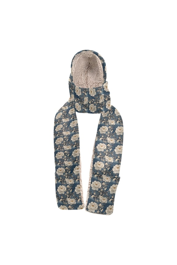 Warm Fleece Hood Scarf Wrap Azure Silk Birds Pattern