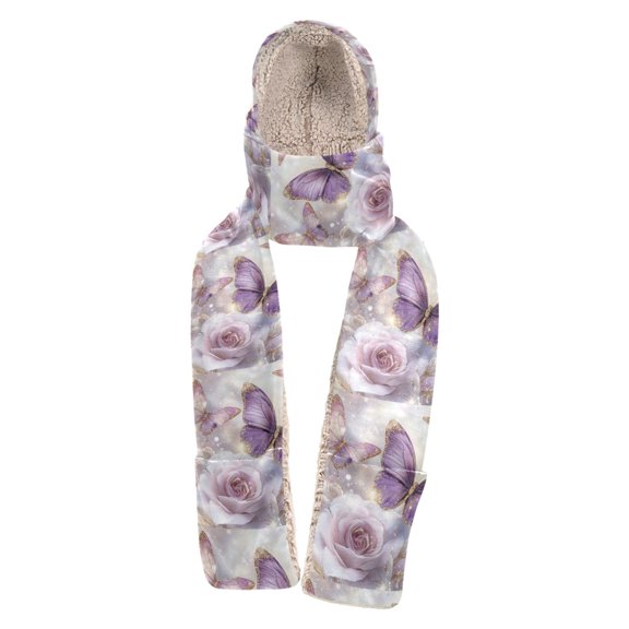 BZSMCE Warm Fleece Hood Scarf Wrap Butterflies and Roses Pattern