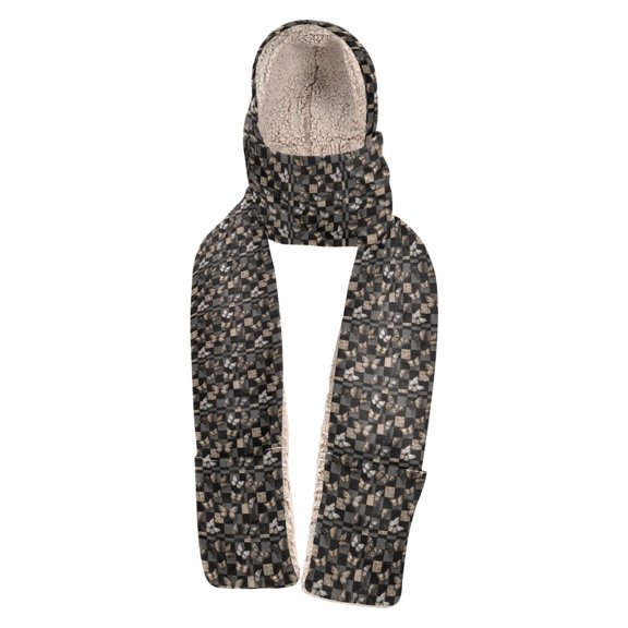 BZSMCE Warm Fleece Hood Scarf Wrap Butterfly Chessboard Pattern