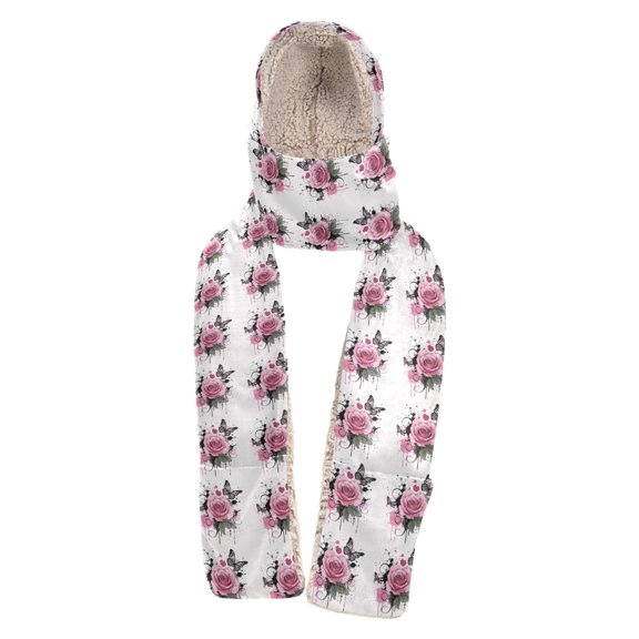 BZSMCE Warm Fleece Hood Scarf Wrap Butterfly Rose Pattern