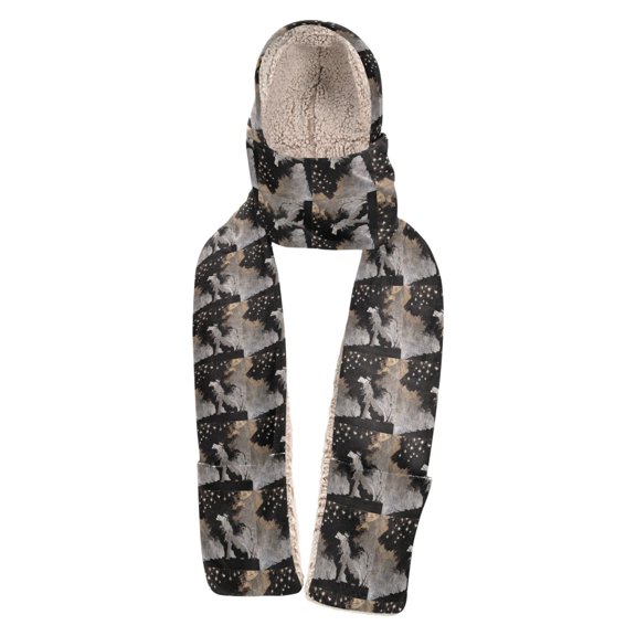 BZSMCE Warm Fleece Hood Scarf Wrap Celestial Wolf under Starry Sky Pattern