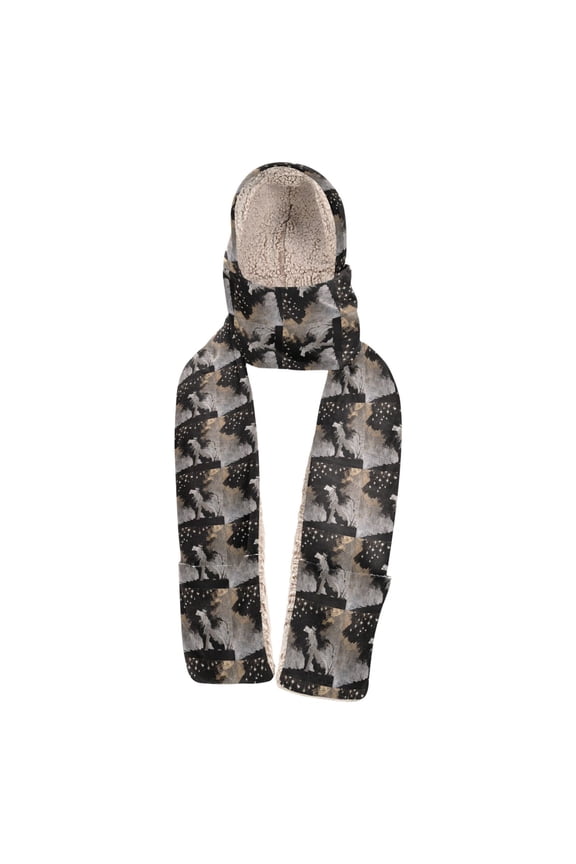 Warm Fleece Hood Scarf Wrap Celestial Wolf under Starry Sky Pattern