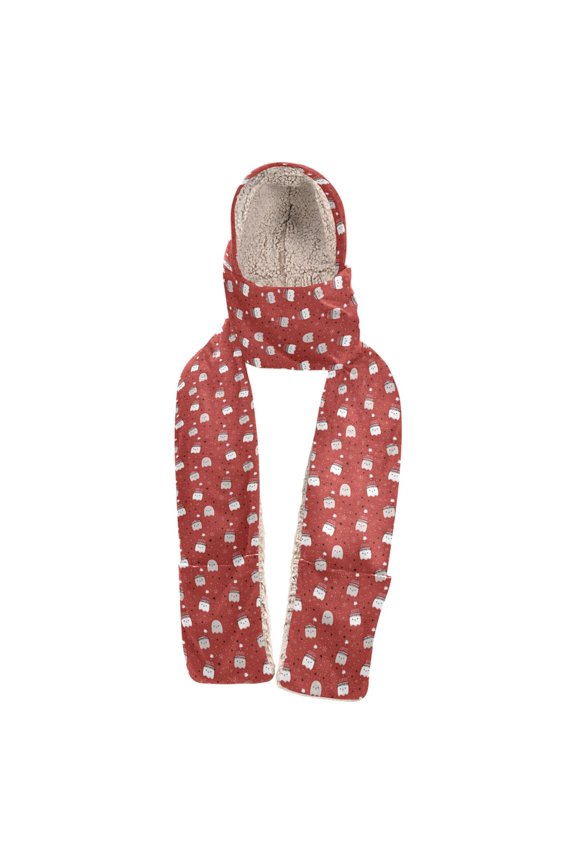 Warm Fleece Hood Scarf Wrap Cheerful Ghost Gathering on Red Pattern