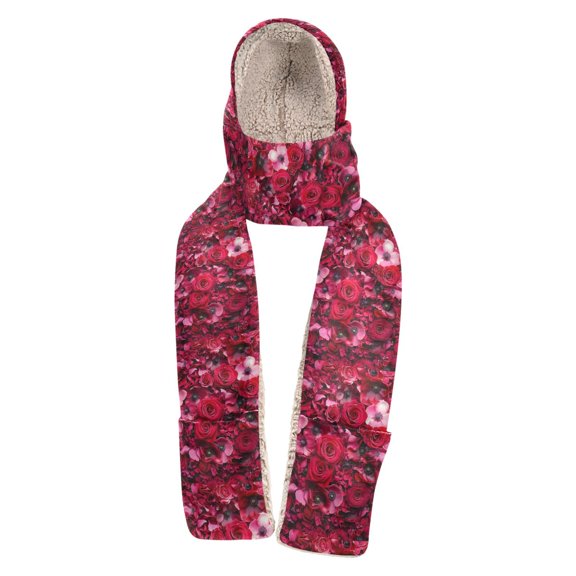 BZSMCE Warm Fleece Hood Scarf Wrap Crimson Cascade Pattern