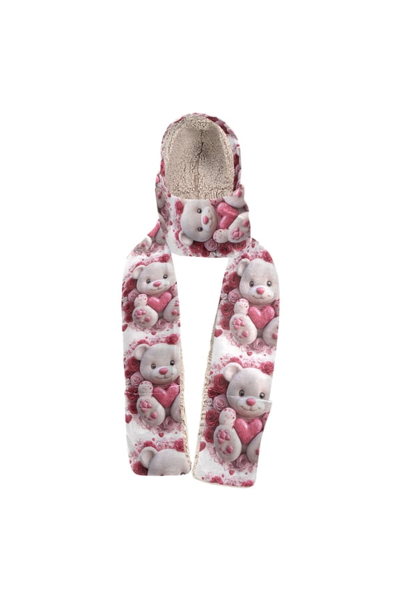 Warm Fleece Hood Scarf Wrap Cuddly Bear in Floral Embrace Pattern