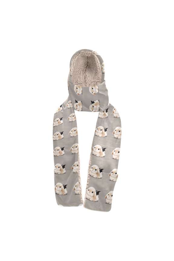 Warm Fleece Hood Scarf Wrap Cute Bunny with Bat Wings Pattern