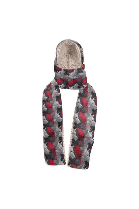 Warm Fleece Hood Scarf Wrap Dual Wolves Pattern