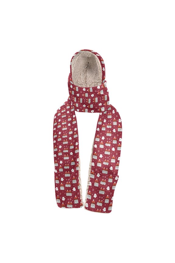 Warm Fleece Hood Scarf Wrap Festive Ghosts in Hats on Red Pattern
